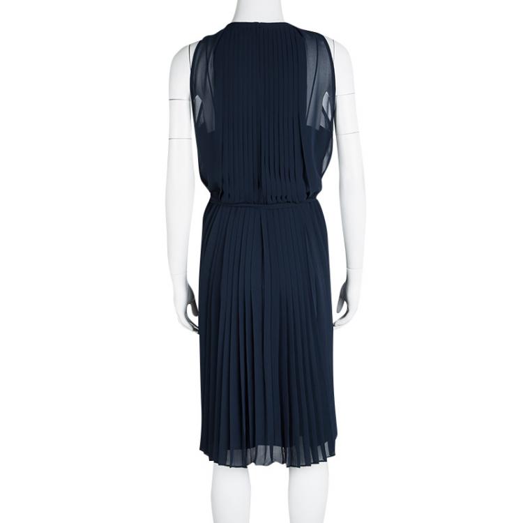 Pre Owned Diane Von Furstenberg Navy Blue Plisse Belted Sleeveless Ria Dress L