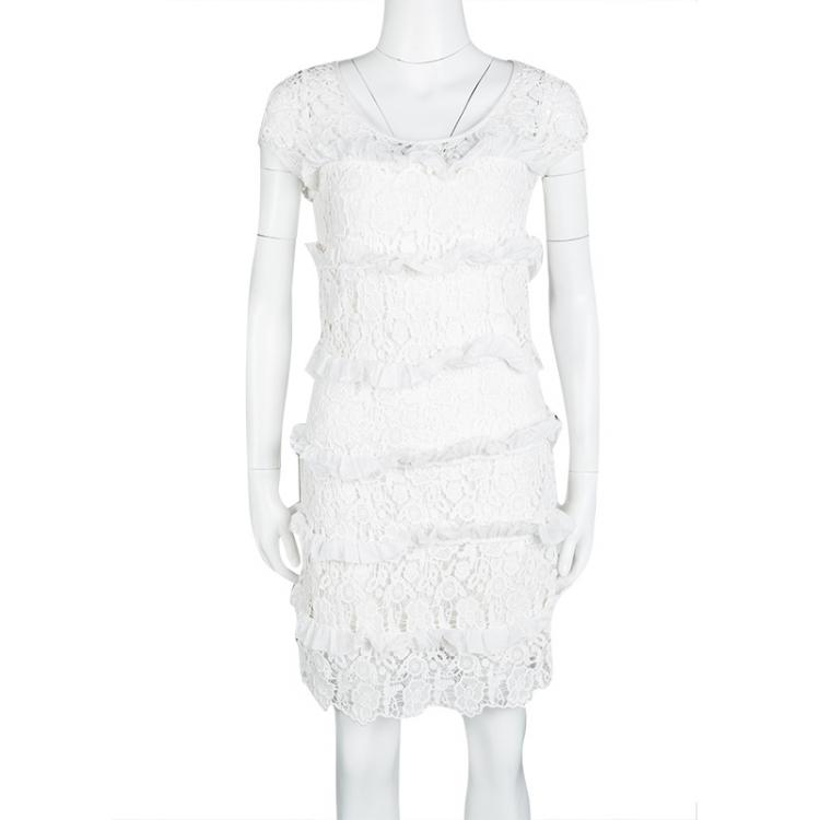 Pre Owned Diane Von Furstenberg White Crochet Lace Ruffle Detail Arcelia Dress S