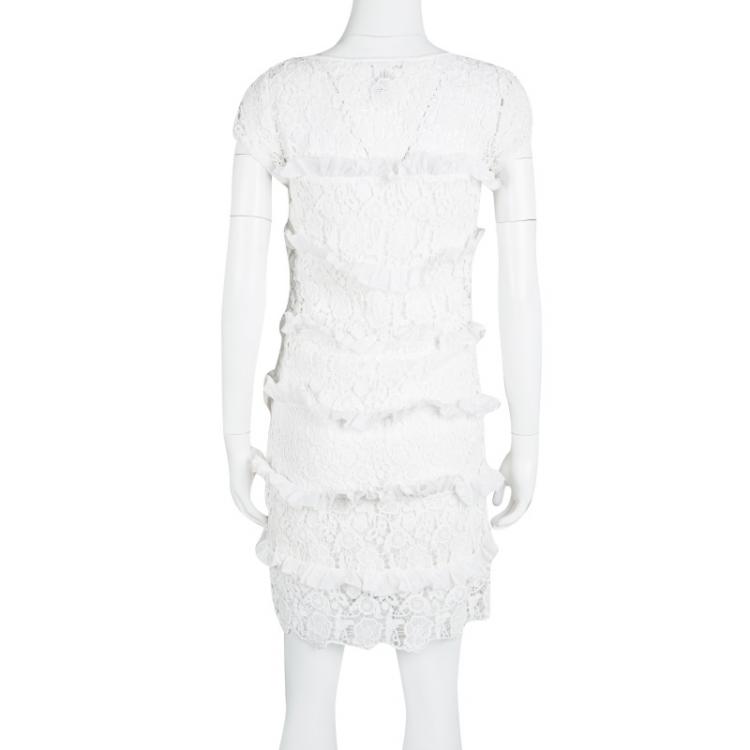 Pre Owned Diane Von Furstenberg White Crochet Lace Ruffle Detail Arcelia Dress S