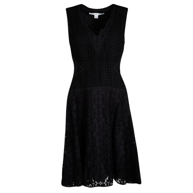 Diane Von Furstenberg Black Lace Paneled Sleeveless Fiorenza Dress S ...
