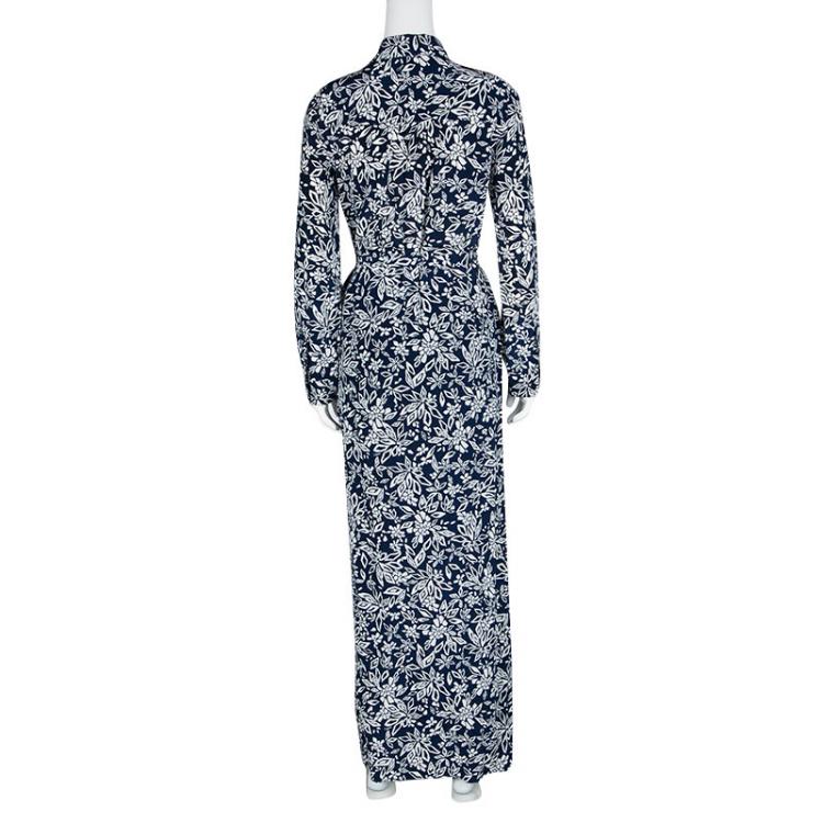 مملوكة مسبقًا Diane Von Furstenberg Navy Blue Floral Printed Silk Amina Belted Maxi Shirt Dress S
