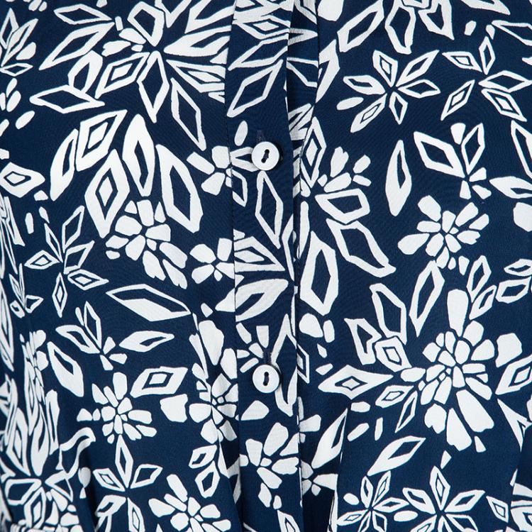 مملوكة مسبقًا Diane Von Furstenberg Navy Blue Floral Printed Silk Amina Belted Maxi Shirt Dress S
