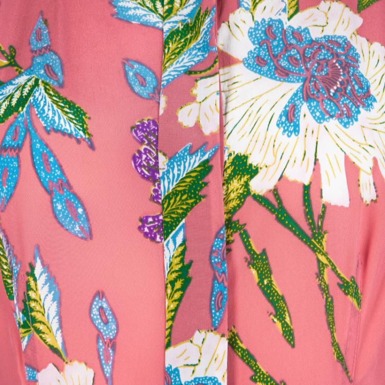 Pre Owned Diane Von Furstenberg Multicolor Floral Printed Silk Long Sleeve Maxi Shirt Dress M
