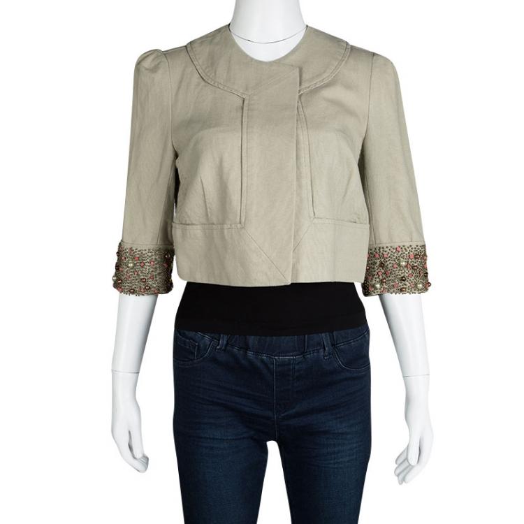 Pre Owned Diane Von Furstenberg Beige Embellished Cuff Front Open Cropped Remo Jacket L