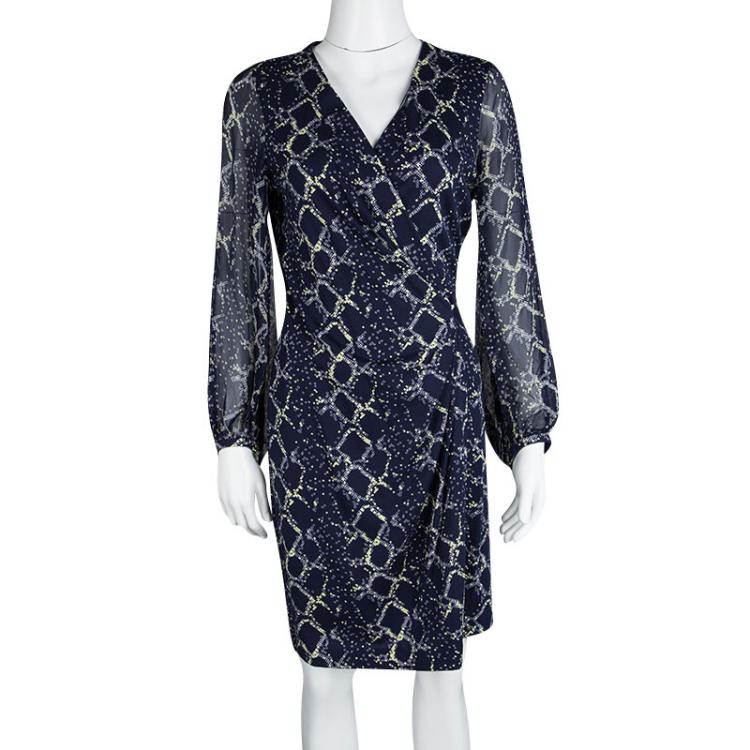 مملوكة مسبقًا Diane Von Furstenberg Navy Blue Grid Print Sigourney Wrap Dress M