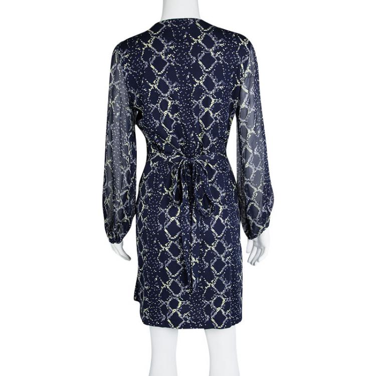 مملوكة مسبقًا Diane Von Furstenberg Navy Blue Grid Print Sigourney Wrap Dress M