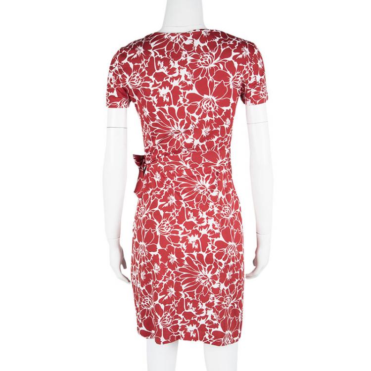 Pre Owned Diane Von Furstenberg Red and White Floral Print Faux Wrap Zoe Dress XS