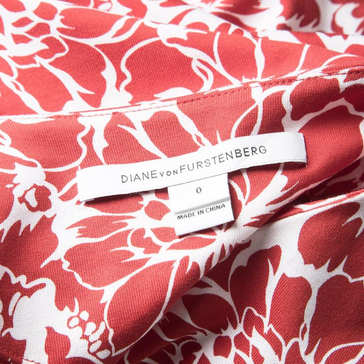 Pre Owned Diane Von Furstenberg Red and White Floral Print Faux Wrap Zoe Dress XS