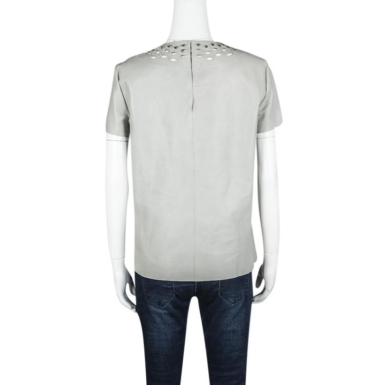 Pre Owned Diane Von Furstenberg Grey Cutout Leather Short Sleeve Yvanna Top M