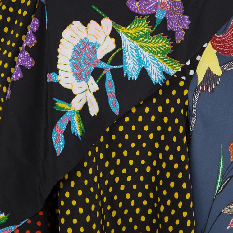 Pre Owned Diane Von Furstenberg Floral and Polka Dot Print Draped Silk Maxi Dress L
