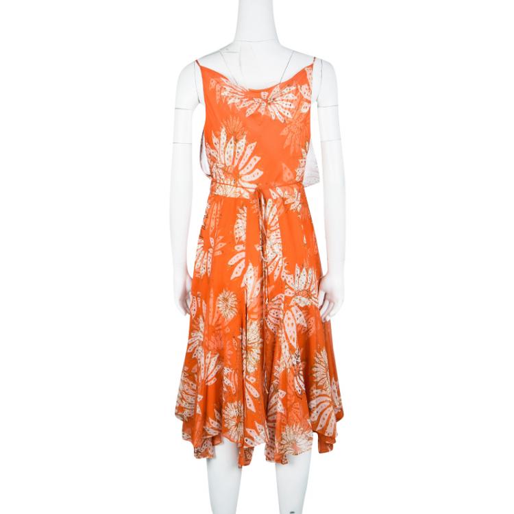 Pre Owned Diane Von Furstenberg Orange Floral Printed Chiffon Tupai Wrap Dress M
