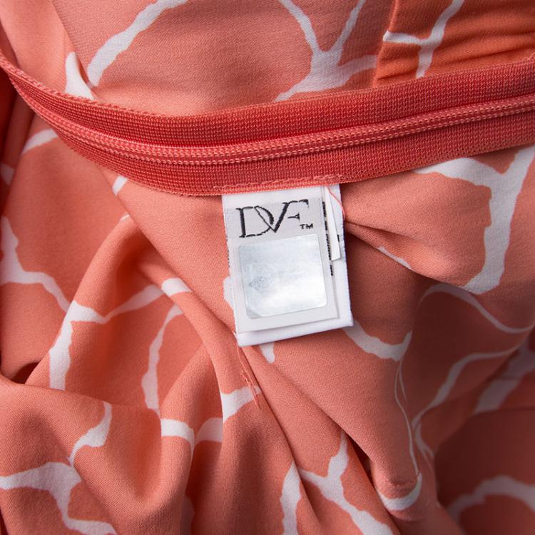 Pre Owned Diane Von Furstenberg Orange and White Printed New Della Dress M