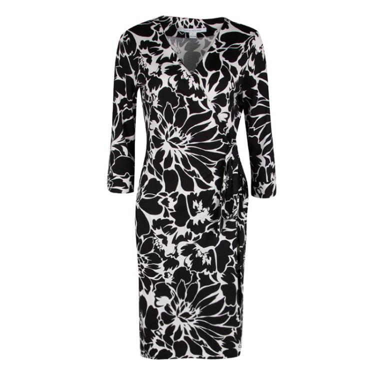 DIANE VON FURSTENBERG Monochrome outlet Silk Floral Print Faux Wrap Dress size 8