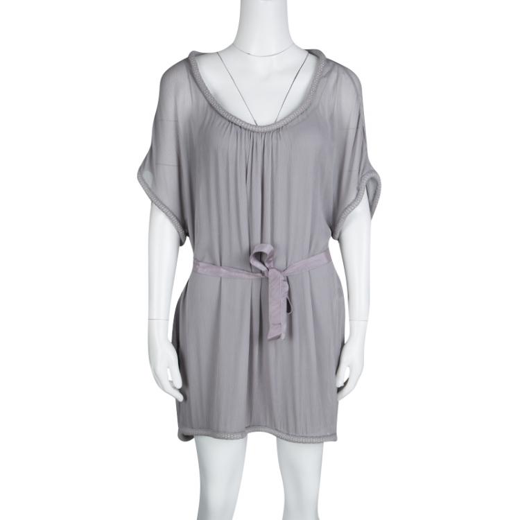 مملوكة مسبقًا Diane Von Furstenberg Grey Silk Chiffon Bead Trim Belted Sol Tunic S