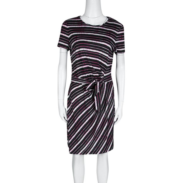 Pre Owned Diane Von Furstenberg Multicolor Striped Silk Tie Detail Brie Dress M