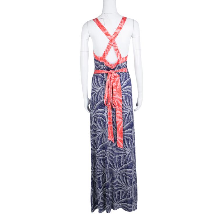 Pre Owned Diane Von Furstenberg Printed Silk Jersey Samson Wrap Maxi Dress L