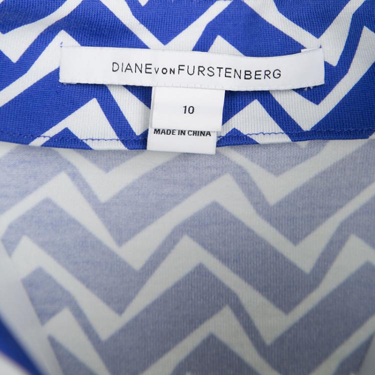 Pre Owned Diane Von Furstenberg Blue and White Printed New Julian Two Wrap Dress L