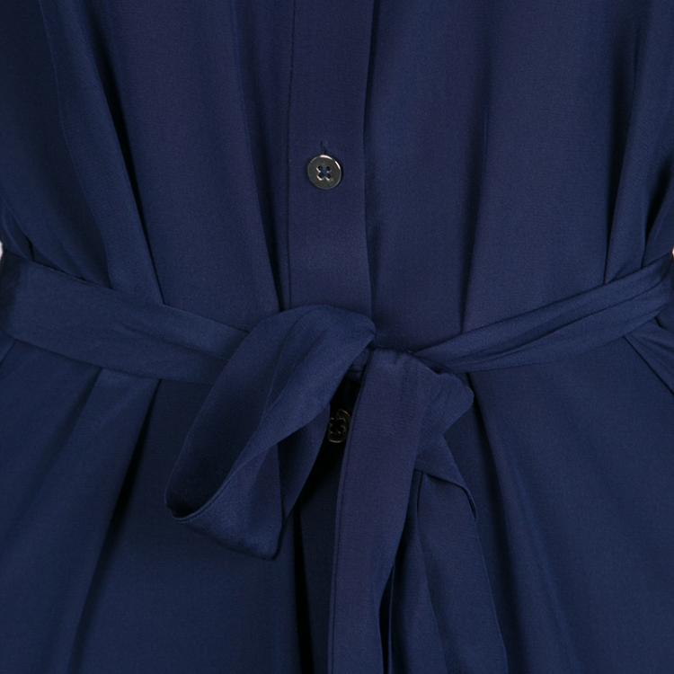 Pre Owned Diane Von Furstenberg Midnight Blue Silk Amina Belted Maxi Shirt Dress M
