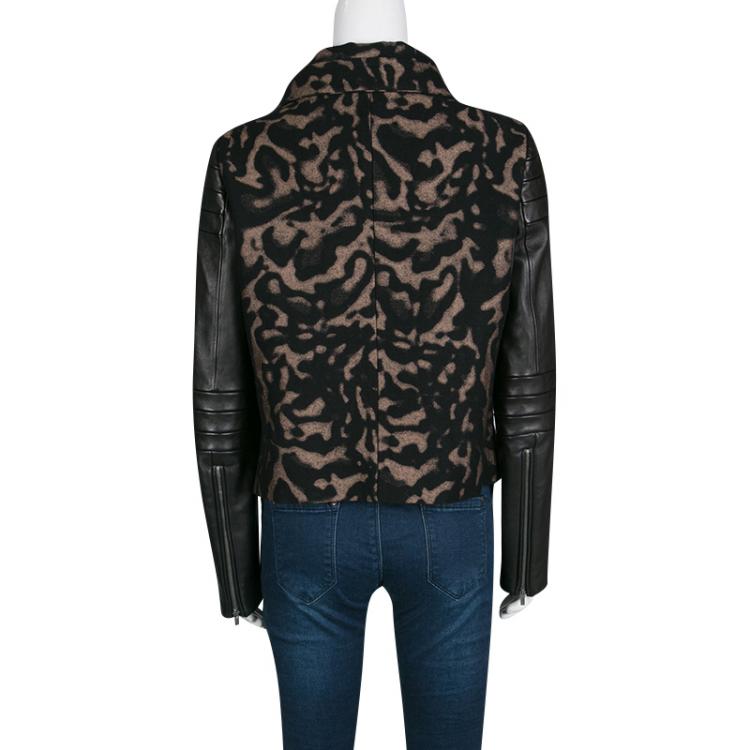 Pre Owned Diane Von Furstenberg Black Animal Patterned Leather Sleeve Detail Marvela Jacket M