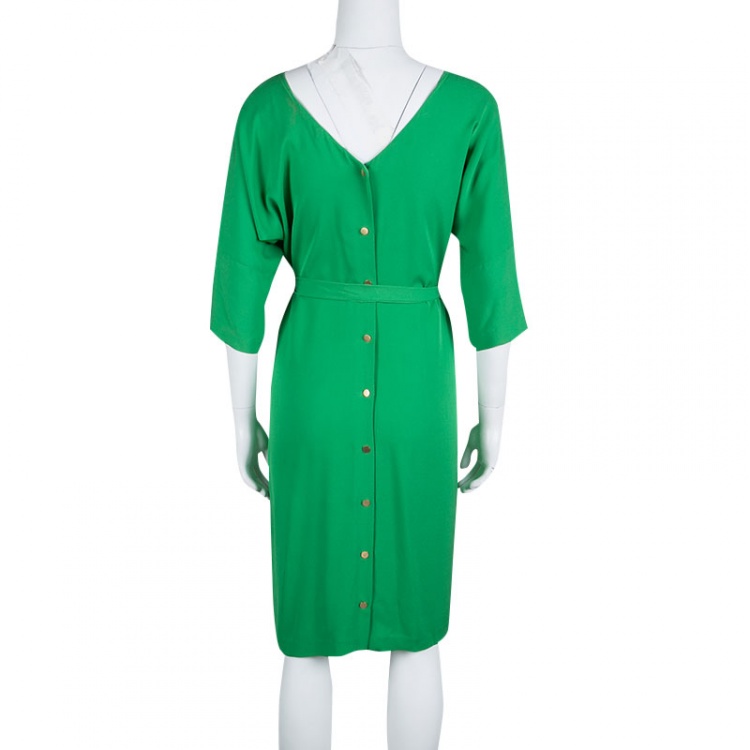 Pre Owned Diane Von Furstenberg Green Silk Long Sleeve Belted Maja Dress S