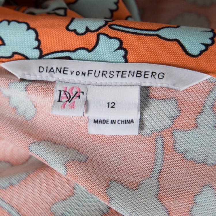 Pre Owned Diane Von Furstenberg Peach Floral Printed Silk Jersey Abigail Maxi Wrap Dress L