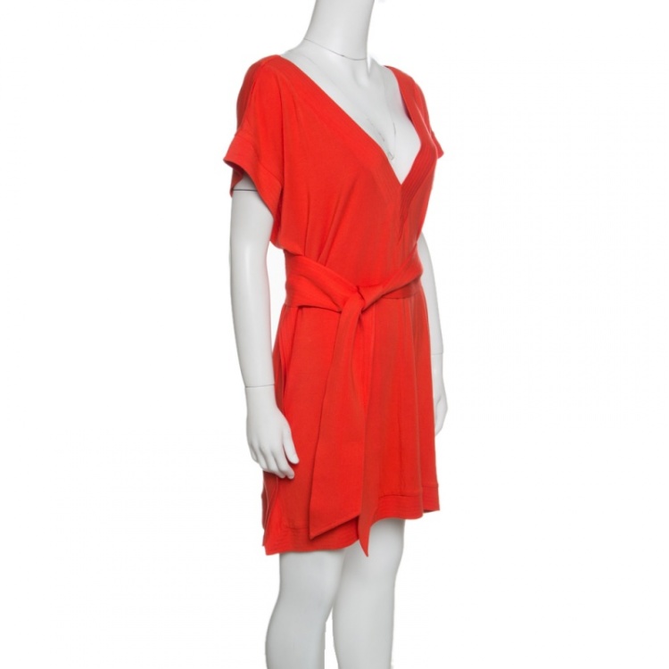 Pre Owned Diane Von Furstenberg Orange Jersey Belted Tasha Tunic Dress L