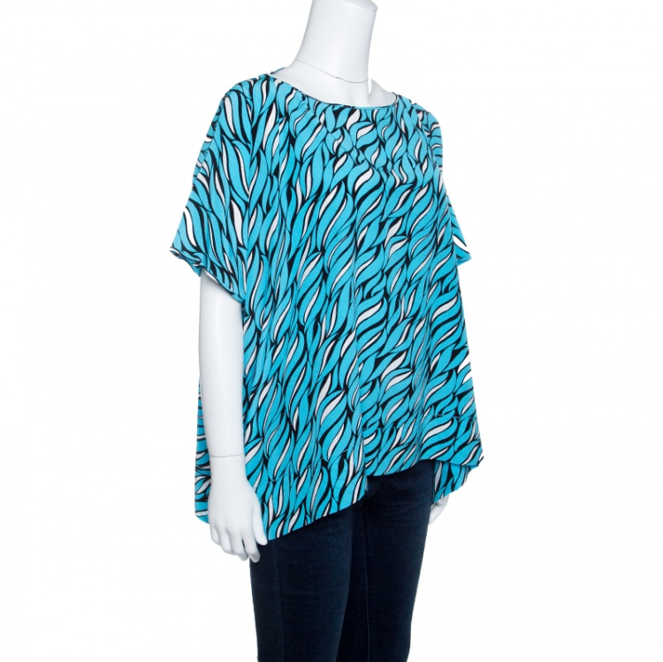 Pre Owned Diane Von Furstenberg Blue Printed Silk New Hanky Top S