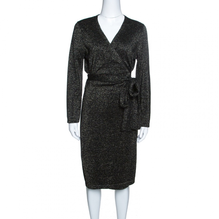 Pre Owned Diane Von Furstenberg Black Lurex Knit Long Sleeve Wrap Dress L