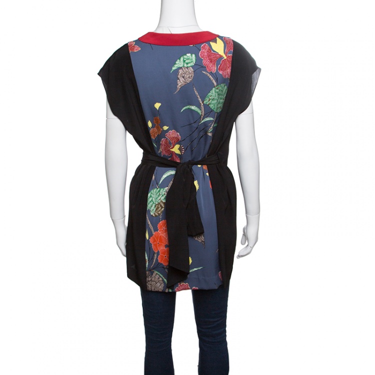 Pre Owned  Diane Von Furstenberg Colorblock Flora Printed Silk Kimono Wrap Top L