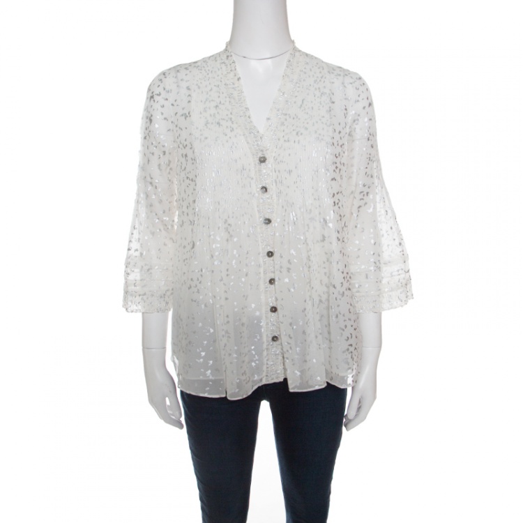 Pre Owned Diane Von Furstenberg Off White Flutter Foil Ruffled Trim Layla Silk Blouse S