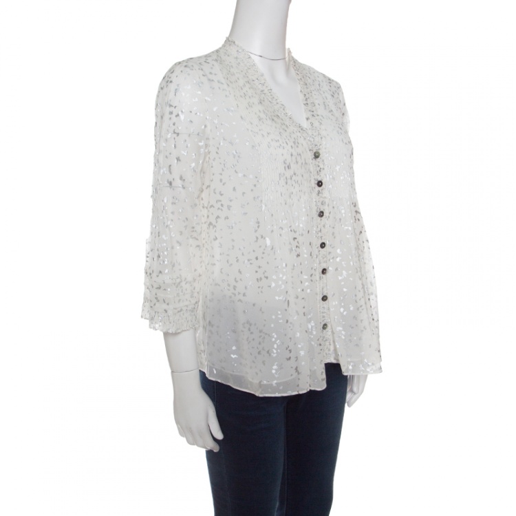 Pre Owned Diane Von Furstenberg Off White Flutter Foil Ruffled Trim Layla Silk Blouse S