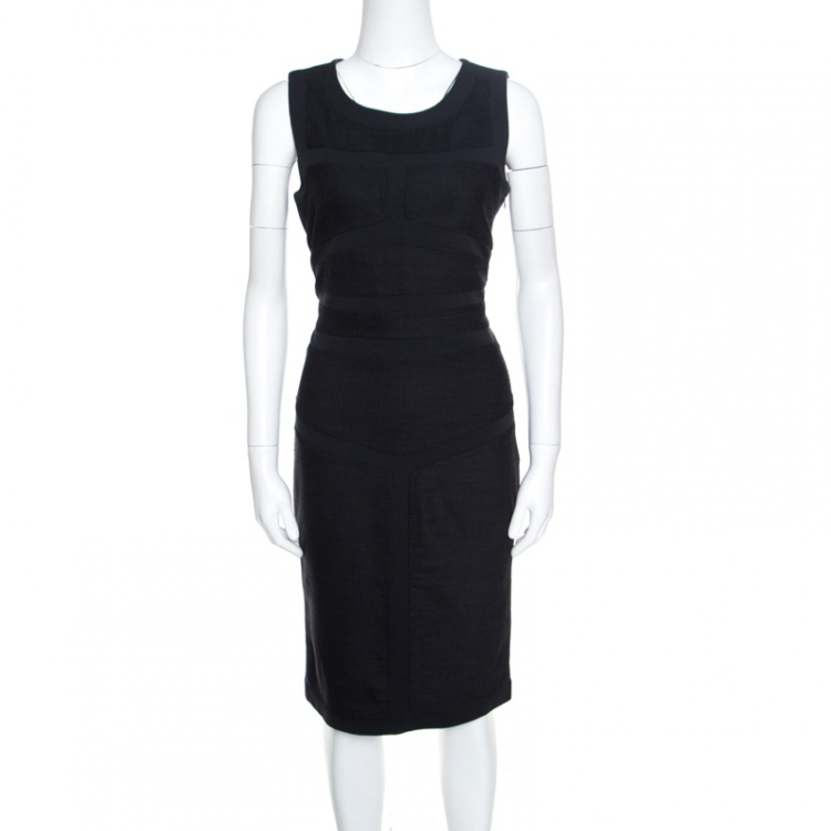 Pre Owned Diane Von Furstenberg Grey Slub Knit Wool Panel Detail Sleeveless Sheath Dress L