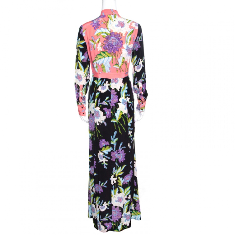 Pre Owned Diane Von Furstenberg Multicolor Floral Printed Silk Long Sleeve Maxi Shirt Dress S