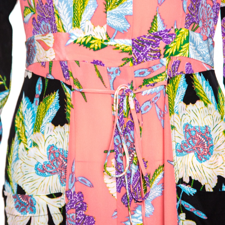 Pre Owned Diane Von Furstenberg Multicolor Floral Printed Silk Long Sleeve Maxi Shirt Dress S