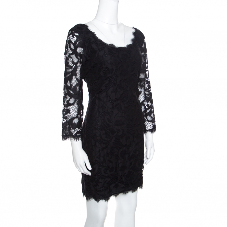 Pre Owned Diane Von Furstenberg Black Floral Lace Zarita Scoop Dress L