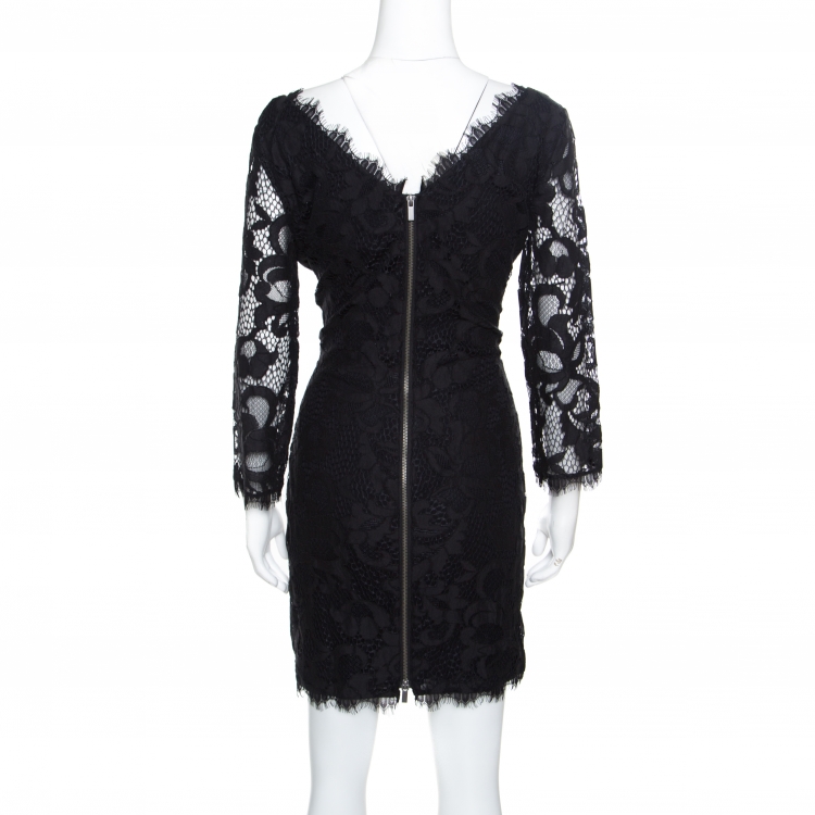 Pre Owned Diane Von Furstenberg Black Floral Lace Zarita Scoop Dress L