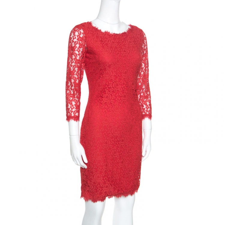 مملوكة مسبقًا Diane Von Furstenberg Red Lace Long Sleeve Colleen Dress S
