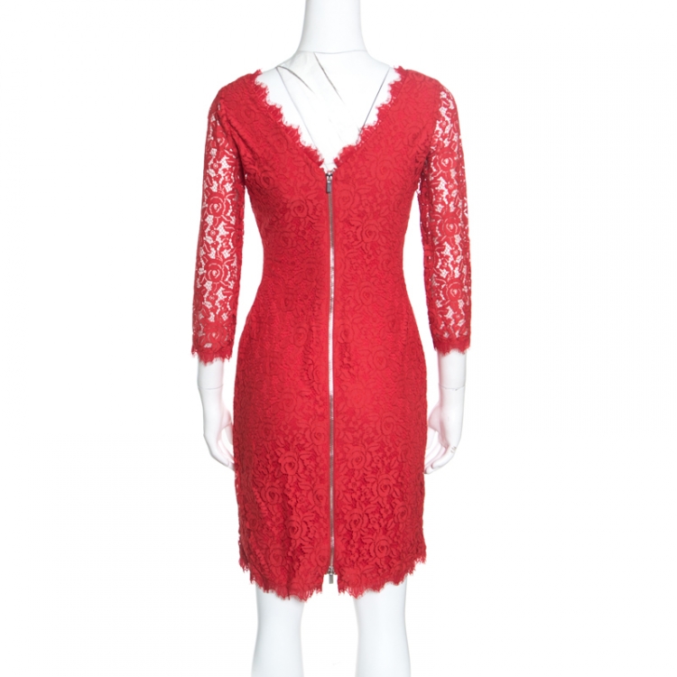 مملوكة مسبقًا Diane Von Furstenberg Red Lace Long Sleeve Colleen Dress S