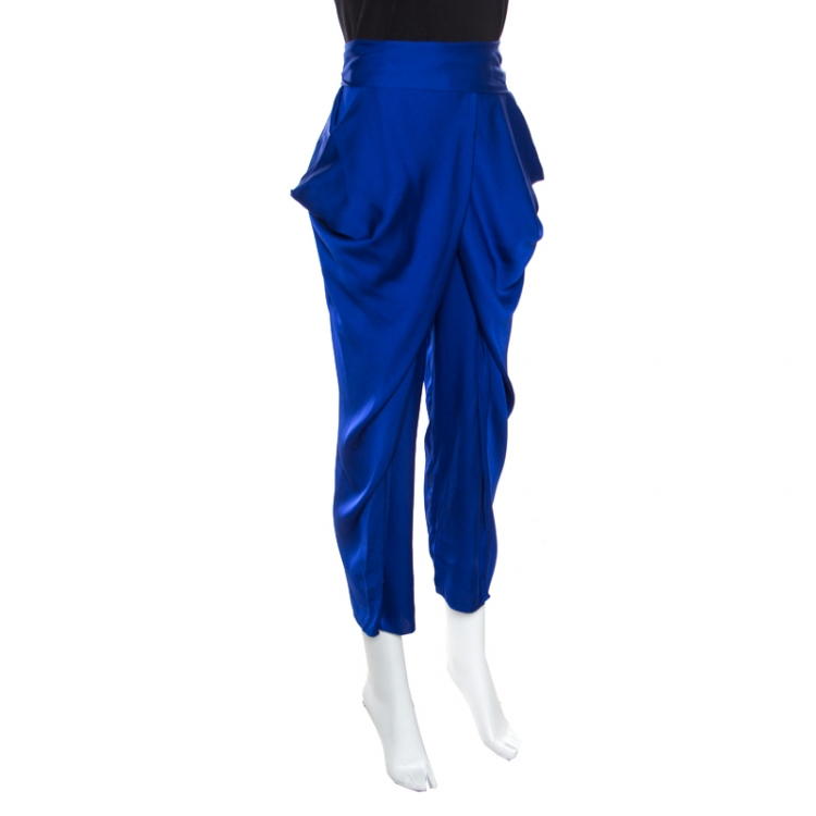 Pre Owned Diane Von Furstenberg Royal Blue Silk Waist Bow Detail Pegged Pants M