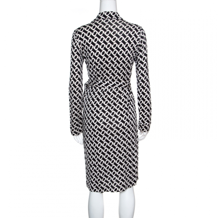 مملوكة مسبقًا Diane Von Furstenberg Monochrome Printed Silk Jersey New Jeane Two Wrap Dress M