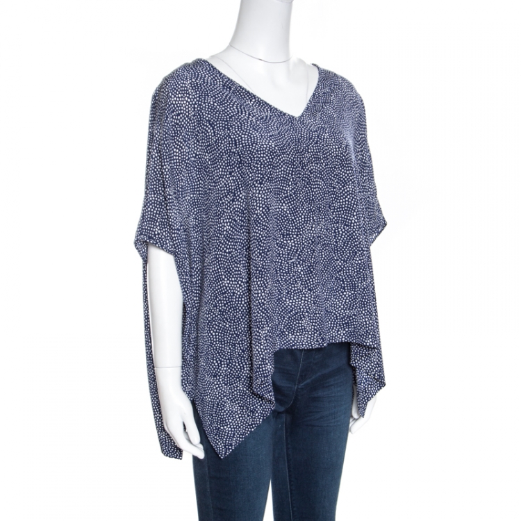 Pre Owned Diane Von Furstenberg Navy Blue and White Dotted Silk Dolman Sleeve Top S