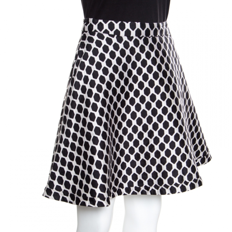 Pre Owned Diane von Furstenberg Monochrome Geometric Print Wool and Silk Flared Amelia Skirt S