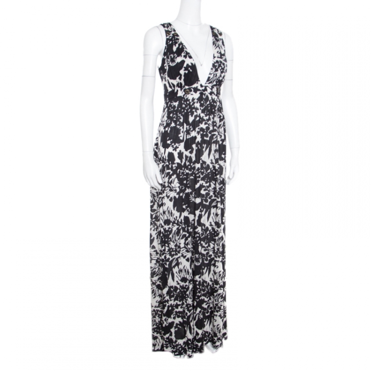 مملوكة مسبقًا Diane Von Furstenberg Monochrome Floral Printed Jersey Cover Up Kandace Maxi Dress L
