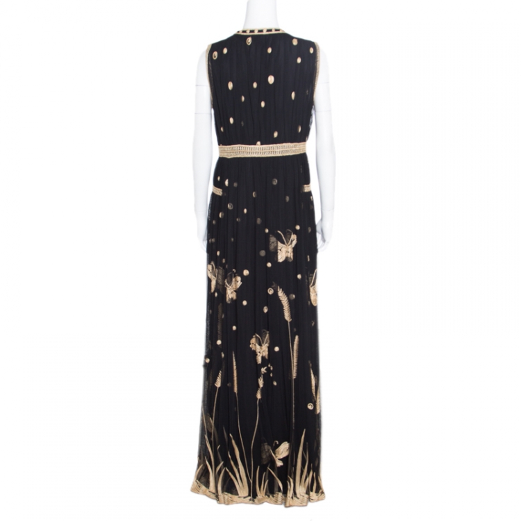 Pre Owned Diane Von Furstenberg Black Embroidered Tulle Plunge Neck Vivanette Goddess Gown L