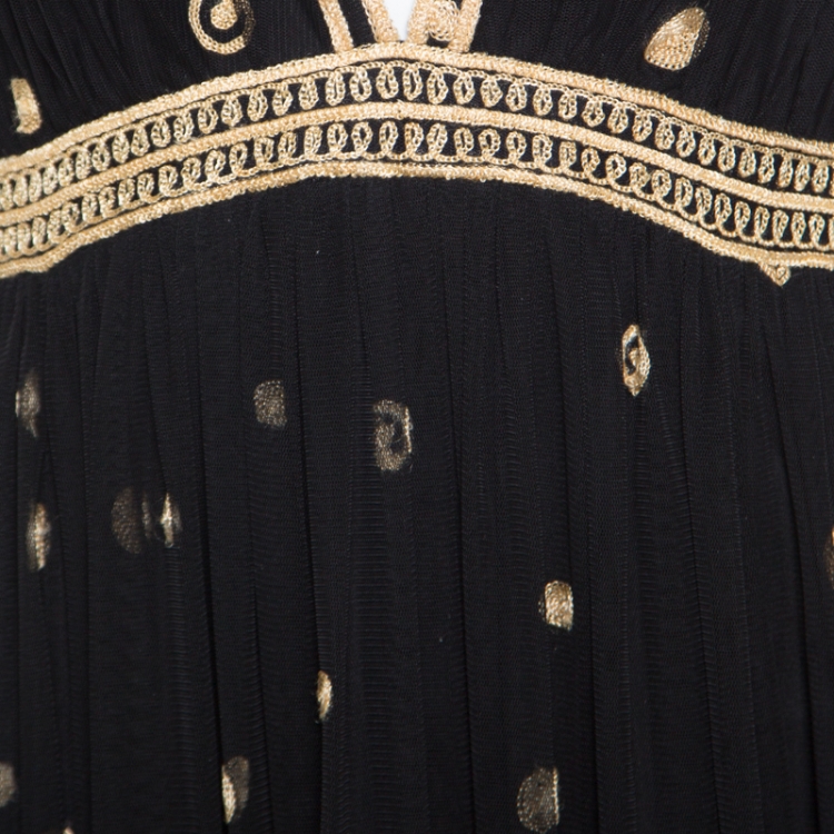 Pre Owned Diane Von Furstenberg Black Embroidered Tulle Plunge Neck Vivanette Goddess Gown L