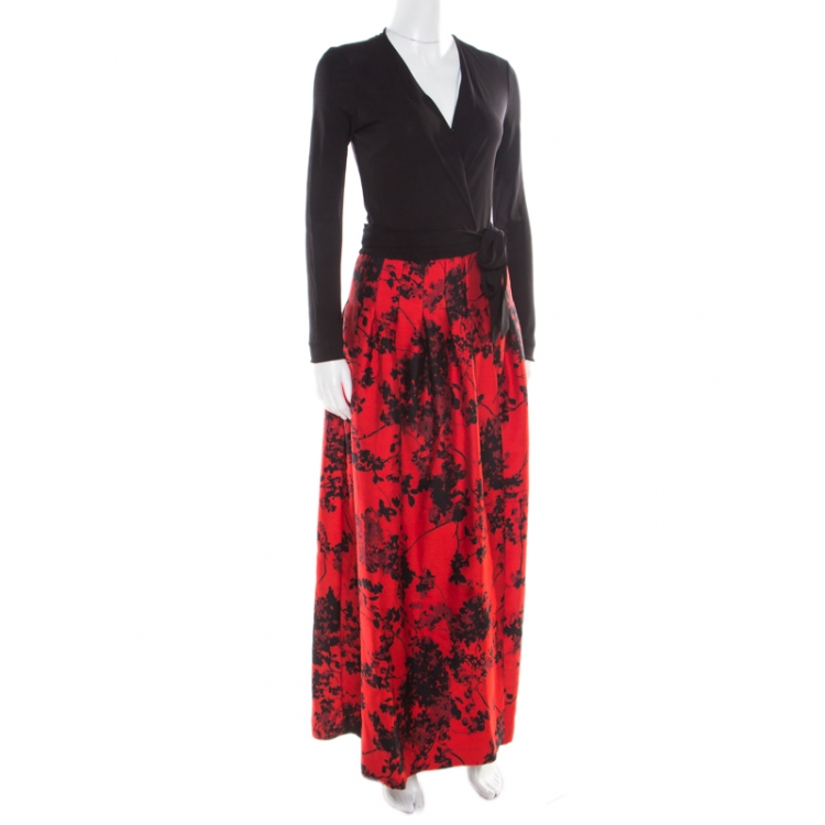 Pre Owned Diane Von Furstenberg Black and Red Floral Print Kailey Wrap Gown S 