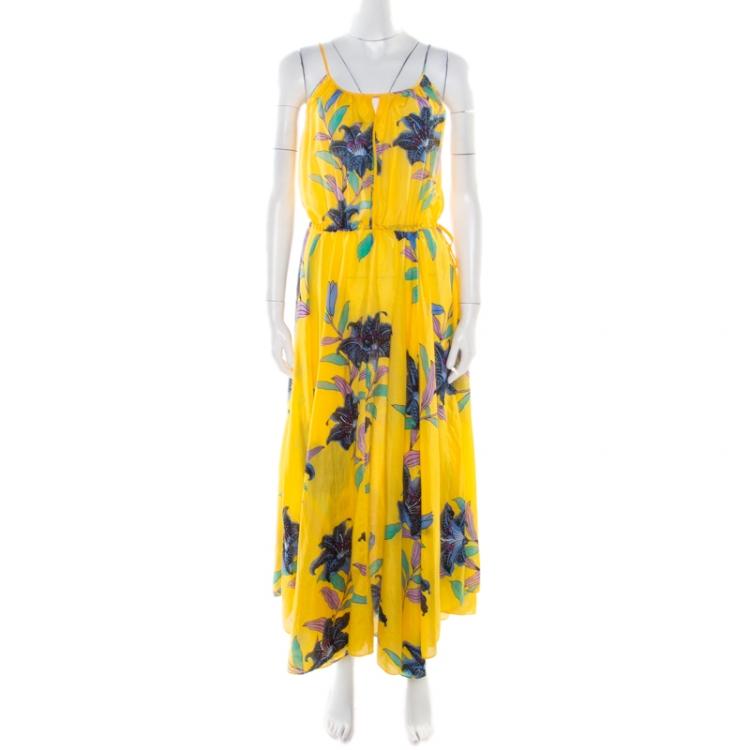 Pre Owned Diane Von Furstenberg Yellow Floral Printed Tie Detail Cinch Waist Dress S
