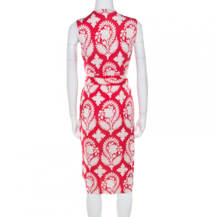 Pre Owned Diane von Furstenberg Red Floral Printed New Yahzi Short Wrap Dress L