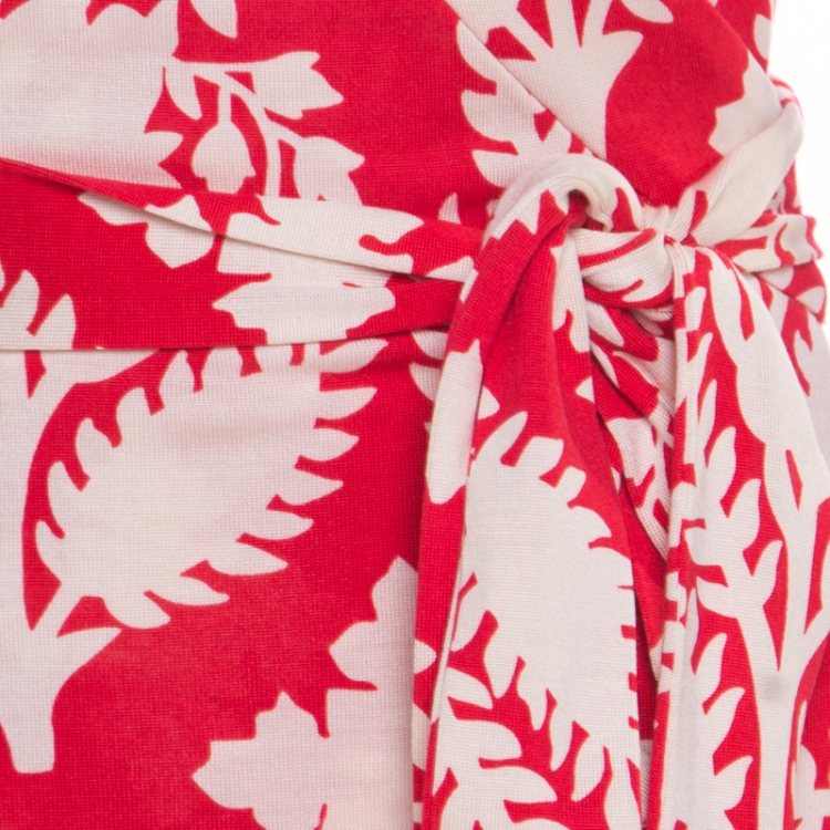 Pre Owned Diane von Furstenberg Red Floral Printed New Yahzi Short Wrap Dress L