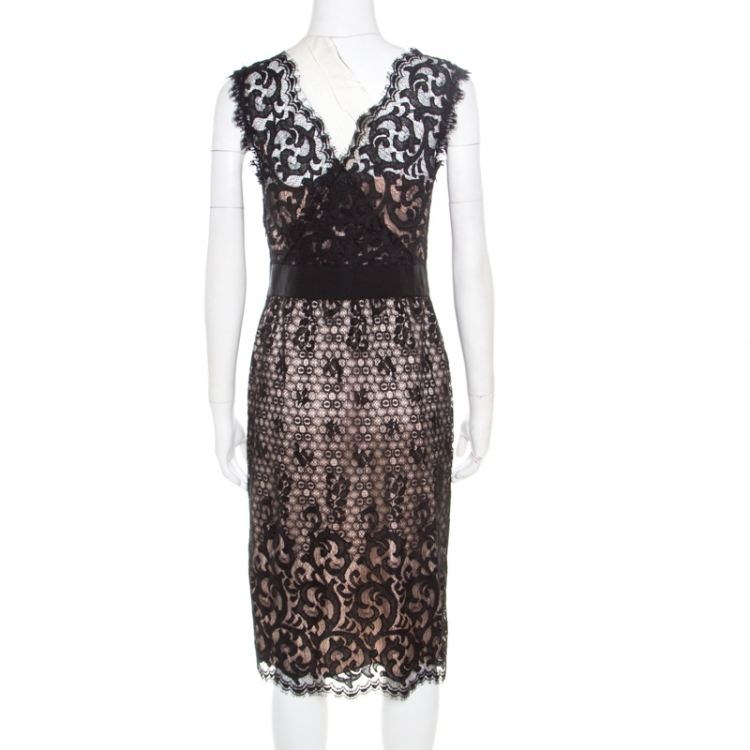 Pre Owned Diane Von Furstenberg Black and Blush Pink Floral Lace Norfolk Dress S